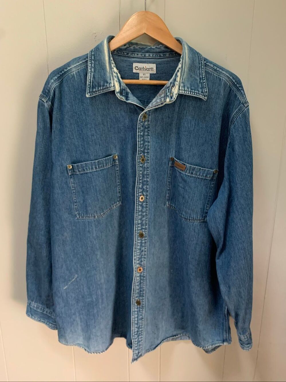 Carhartt Denim Shirt Vintage Style Blue Button Down 100% Cotton XL